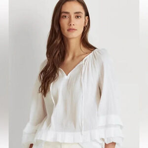 Lauren Ralph Lauren Women White Ruffle-Trim Crinkled Cotton Top NWT *Flawed